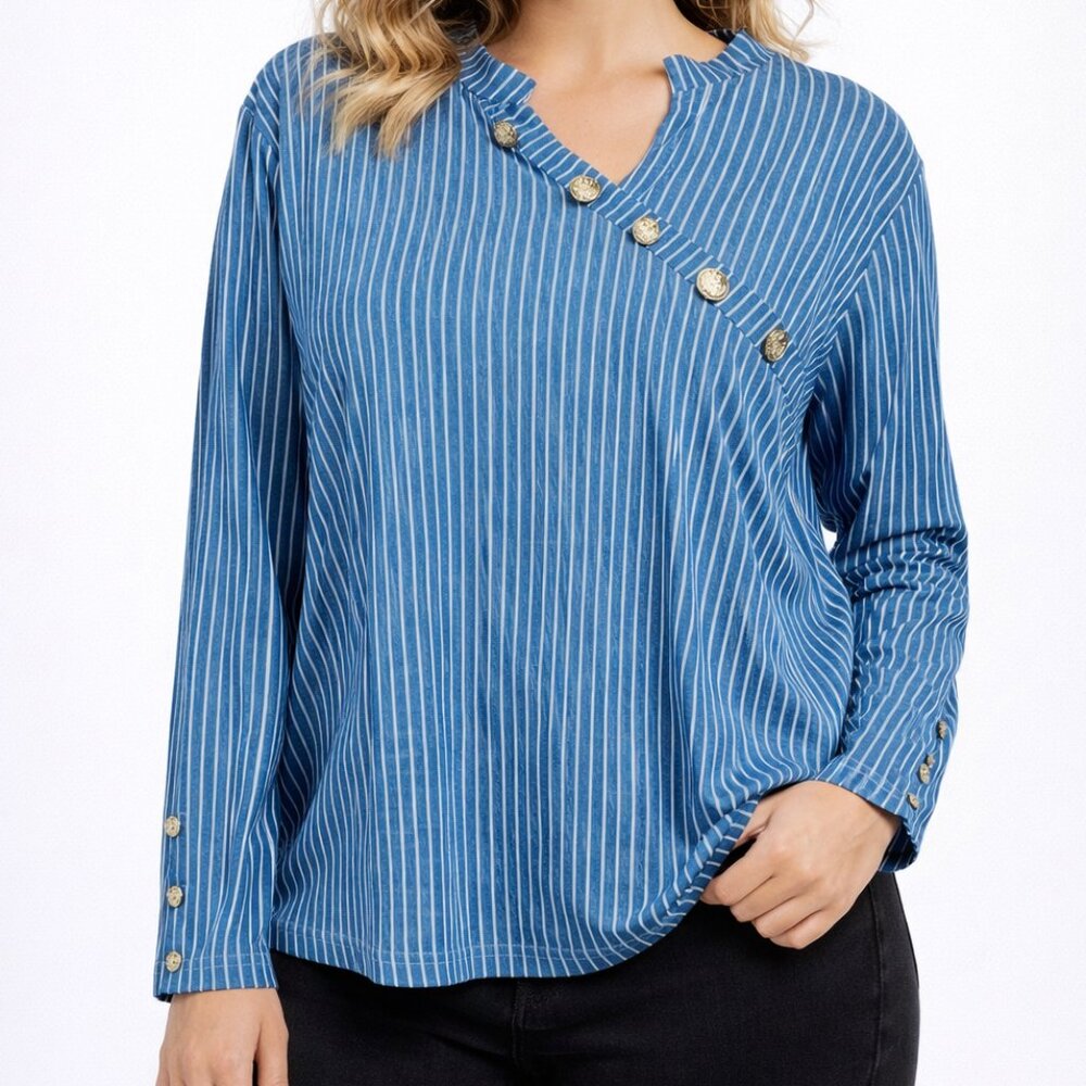 Chic Blue Striped Gold Button Blouse | XXL | Unique‎ Asymmetrical Detail